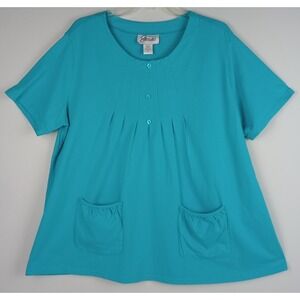 Easy Essentials Womens XL Turquoise Short Sleeve Front Pockets Baby Doll Shirt